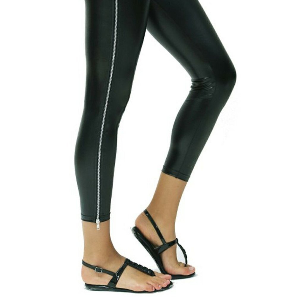 Indero Black Shinny Faux Leather Zipper Leggings - JF538 - Size Large - XL